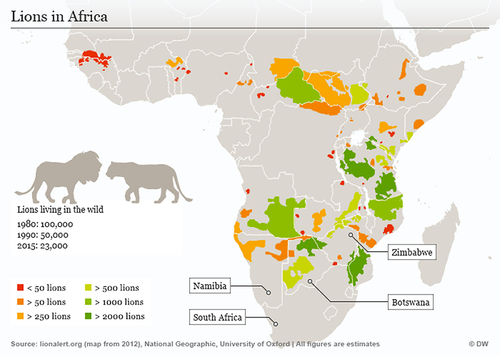 Současné rozšíření lvů ve volné přírodě přibližuje mapa z roku 2012 (zdroj xxxxxxx)