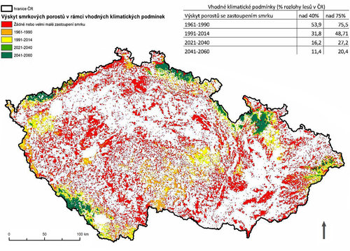 Obr. 4 Výskyt smrkových porostů v podmínkách klasifikovaných jako vhodné na základě normálového období 1961–1990. Zpracoval Tomáš Mikita