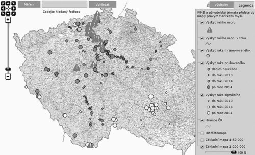 Mapa vžskytu raü°ho moru -  pracovn° veze. Zdroj HEIS, VťV TGM