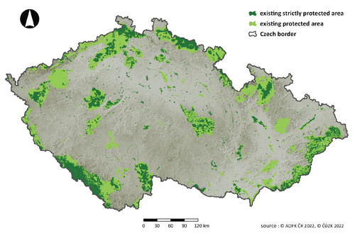 Existing protected areas in the Czech Republic with the most strictly protected parts highlighted. In dark green, all existing small-size Specially Protected Areas, Protected Landscape Areas zones I and II and all National Park zones with the exception of the cultural landscape zone – i.e. a category with the potential for strict protection. © Zdeněk Kučera & Mária Bárdyová