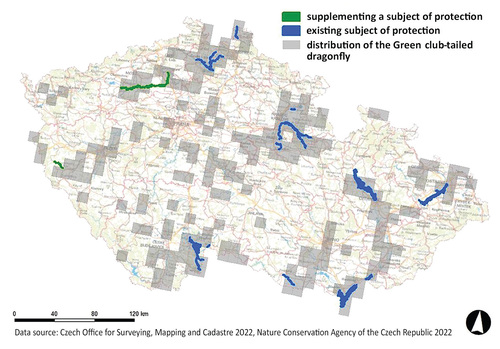 Figure 1: Distribution of the Green club-tailed dragonfly reported in Conservation Status Assessment (2019). SACs in which the species is the subject of protection (blue) and the proposed supplementing of the species as a subject of protection to the existing SAC in the Continental Biogeographic Region (green). The sites are enlarged for better visibility. © Tereza Kušnírová.