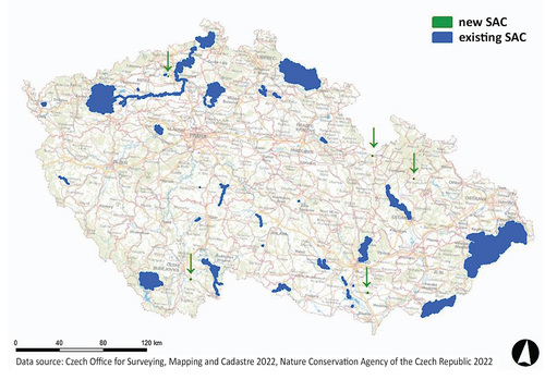 Figure 2: Map of SACs that are proposed for declaration (5 SACs) or supplementing the subject of protection (35 SACs) as part of the amendment preparation. Due to their small size, new sites are shown with an arrow (new sites amount to almost 31 ha). For some sites, where the subject of protection was added, the boundaries were also revised. In the map, SACs are already shown with the newly proposed boundaries. The sites are enlarged for better visibility. © Tereza Kušnírová.
