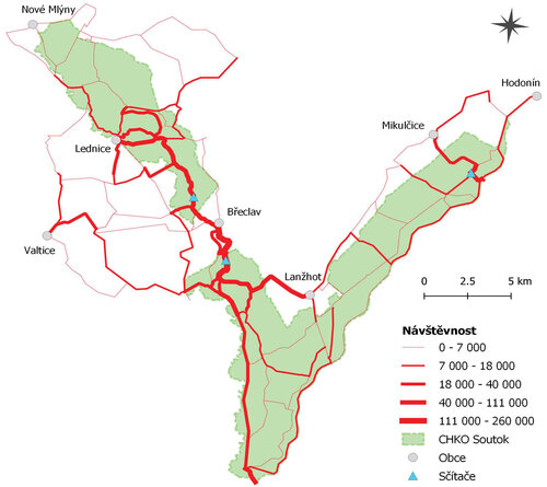 Obr. 3 Mapa prostorového rozložení intenzit současné roční návštěvnosti na turistických trasách Soutoku (počty průchodů / průjezdů návštěvníků za sledované období 2020/2021).