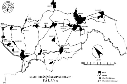 Obr č. 1  Vymezení navrhované CHKO Pálava z r. 1992 zahrnující oblast Lednicko-valtického areálu a část lužních lesů jižně od Lanžhota (Matuška 1993).