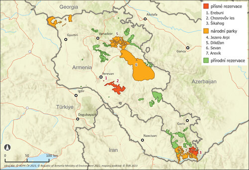 Mapa chráněných území v Arménii.   Vypracoval Jan Vrba