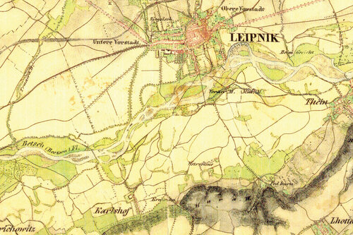 Pro téměř celý horní a střední úsek Bečvy bylo v době II. vojenskho mapování charakteristické štěrkonosné větvení. Na mapce část středního úseku Bečvy mezi Lipníkem a Osekem nad Bečvou v 1. pol. 19. stol.   Zdroj: Mapy.cz