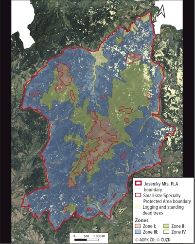 Map: Forests areas affected by European spruce bark beetle development on the basis of the Jeseníky Mts. Protected Landscape Area zoning  