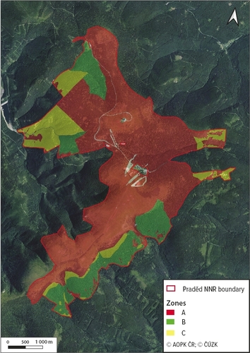Map 2: Division of the Praděd/Great Grandfather National Nature Reserve into individual zones for the purposes of the exemption valid for 2021–2023