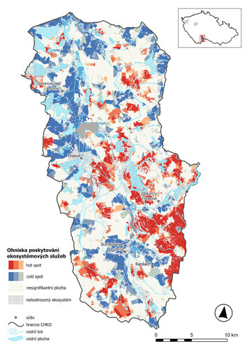 Mapa ohnisek (hot spotů, cold spotů) poskytování ES v lokalitě Třeboňsko.