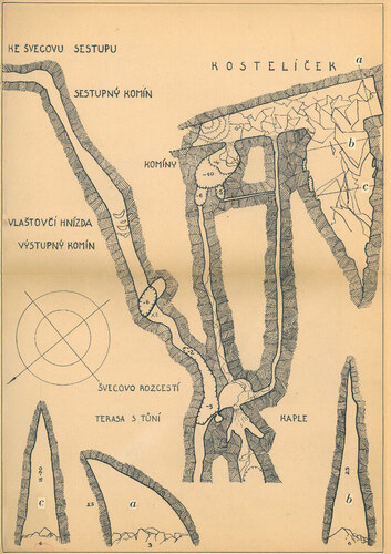 Detailní Kostroňova mapa části Objevné cesty z roku 1942.