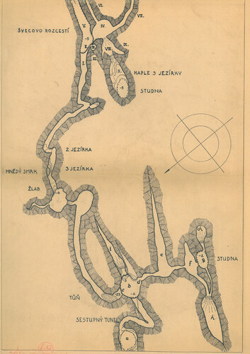 Detailní Kostroňova mapa části Objevné cesty z roku 1942. Autor Karel Kostroň
