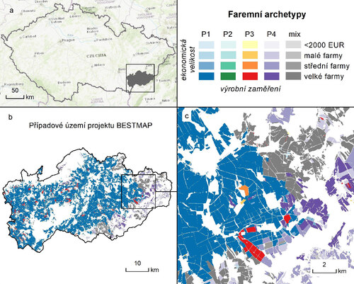 Mapka faremních archetypů v případovém území Jihomoravského a Zlínského kraje.