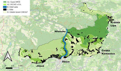 Mapa rozdělení území NP České Švýcarsko a CHKO Labské pískovce pro účely Strategie.