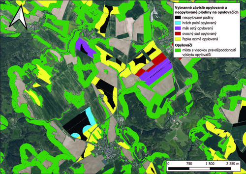 Mapa 5: Hledání opylovaných a neopylovaných plodin závislých na opylení. Při hledání těchto ploch byla použita 200 m doletová vzdálenost od míst s vysokou pravděpodobností výskytu opylovačů.