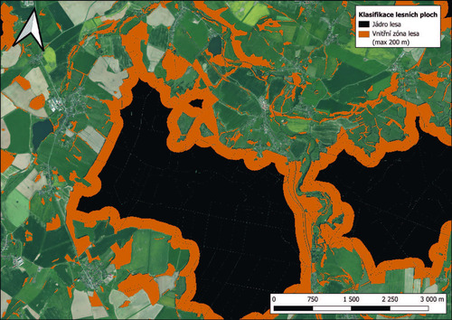Mapa 2: Klasifikace lesních ploch podle 200 m doletových vzdáleností.