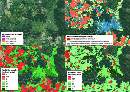 Mapa 1: Mapové zobrazení rastrových dat s následujícími parametry: 1. kategorie liniových prvků (vlevo nahoře), 2. kategorie zemědělských přístupů (vpravo nahoře), 3. atraktivita hnízdění bez lesních ploch (vlevo dole), 4. atraktivita květů bez lesních ploch (vpravo dole). 