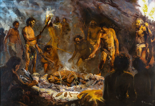 Pohřeb do ohniště, 1958. Zdeněk Burian © heirs Pohřeb do ohniště, 1958. Zdeněk Burian © heirs