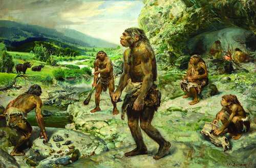 Sídliště neandrtálců, 1950. Zdeněk Burian © heirs Sídliště neandrtálců, 1950. Zdeněk Burian © heirs