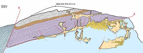 Severojižní řez Zlatým koněm s vyjádřením geologické stavby devonských vápenců a třemi patry Koněpruských jeskyní.