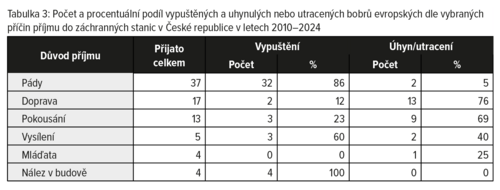Tabulka 3: Počet a procentuální podíl vypuštěných a uhynulých nebo utracených bobrů evropských dle vybraných příčin příjmu do záchranných stanic v České republice v letech 2010–2024