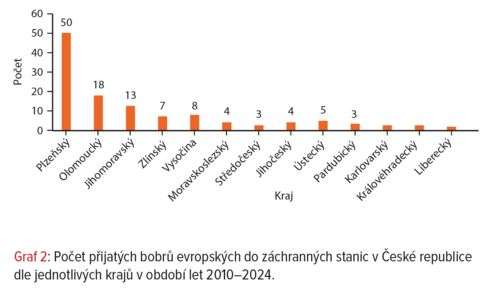 Graf 2: Počet přijatých bobrů evropských do záchranných stanic v České republice dle jednotlivých krajů v období let 2010–2024.