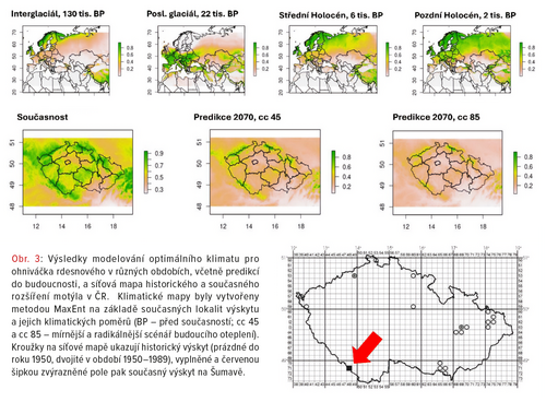 Obr. 3: Výsledky modelování optimálního klimatu pro ohniváčka rdesnového v různých obdobích, včetně predikcí do budoucnosti, a síťová mapa historického a současného rozšíření motýla v ČR.