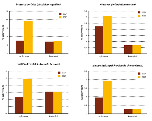 Graf - Změny průměrných pokryvností vybraných druhů bylinného patra v oplocených a neoplocených plochách v borech Mnichovských hadců.