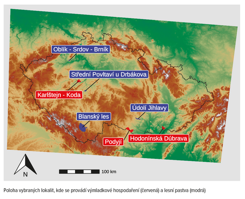 Mapka s polohou vybraných lokalit, kde se provádí výmladkové hospodaření a lesní pastva