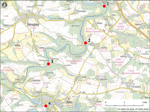 Obr. 2: Mapa úseku řeky Želivky mezi nádrží Trnávka a nádrží Švihov.