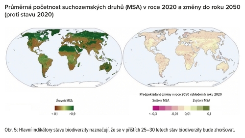 Průměrná početnost suchozemských druhů (MSA) v roce 2020 a změny do roku 2050 (proti stavu 2020)