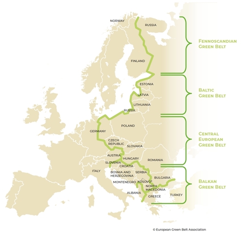 Mapa. Evropský zelený pás protíná Evropu od severu k jihu. Zdroj Asociace European Green Belt