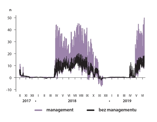 Z průměrných denních záznamů teploty při povrchu půdy je patrný tlumící vliv porostního zápoje borůvky na plochách bez managementu a plochách, kde byla nadzemní biomasa borůvky odstraněna (management). Autor Miroslav Ziedler