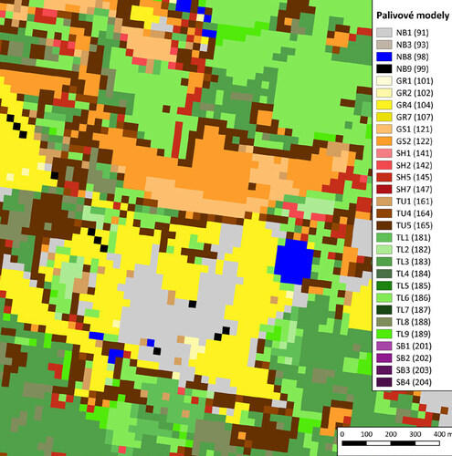 Obr. 3: Ortofoto vs. vrstva palivových modelů – ukázka „převodu“ reálné krajiny do palivových modelů ve výřezu cca 2 × 2 km. Zpracovala Radka Mašková