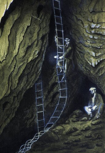 Originální ilustrace z průzkumu Sloupských jeskyní. Na žebříku Karel Absolon. Zdroj archiv Karla Absolona